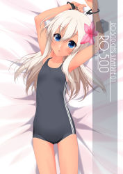 Rule 34 | 1girl, arms up, artist name, black one-piece swimsuit, blonde hair, blue eyes, blush, character name, collarbone, commentary request, cowboy shot, cuffs, eyes visible through hair, flat chest, flower, flower hair ornament, hair between eyes, hair ornament, handcuffs, highres, inaba shiki, kantai collection, long hair, looking at viewer, lying, new school swimsuit, on back, one-piece swimsuit, one-piece tan, ro-500 (kancolle), school swimsuit, solo, striped clothes, striped one-piece swimsuit, swimsuit, tan, tanline, vertical-striped clothes, vertical-striped one-piece swimsuit