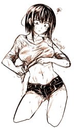 Rule 34 | 1girl, bra strap, breasts, contrapposto, cowboy shot, cropped legs, dated, female focus, greyscale, highres, kotoba noriaki, large breasts, looking down, midriff, monochrome, navel, original, parted lips, sanpaku, shirt, short hair, short shorts, shorts, signature, simple background, solo, squiggle, wet, wet clothes, wet shirt, white background