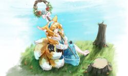 Rule 34 | 1girl, absurdres, animal ears, animal on tail, arknights, barefoot, black cat, blonde hair, blue skirt, blush, cardigan, cat, colored tips, commentary, fox ears, fox girl, fox tail, full body, green eyes, grin, heixiu, highres, holding, holding staff, kitsune, kyuubi, long hair, long sleeves, luo xiaohei, luo xiaohei zhanji, multicolored hair, multiple tails, puffy long sleeves, puffy sleeves, sitting, skirt, smile, staff, susuky, suzuran (arknights), tail, tree stump, white cardigan
