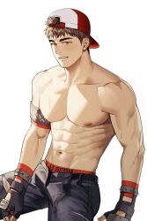 Rule 34 | 1boy, abs, armband, bara, baseball cap, beom liben, black gloves, black pants, brown hair, fingerless gloves, gloves, hat, highres, large pectorals, male focus, male underwear, male underwear peek, muscular, muscular male, navel, nipples, original, pants, pectorals, saen, second-party source, short hair, simple background, smile, solo, topless male, underwear, white background