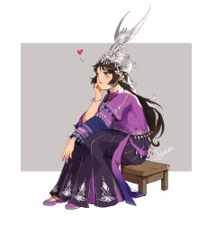 Rule 34 | 1girl, absurdres, aries guaili, beads, black hair, bracelet, brown eyes, changmingsuo, chinese clothes, dress, full body, grey background, head rest, heart, highres, hmong, jewelry, long hair, long sleeves, miao clothes, miao hat, original, purple dress, purple footwear, sitting, solo