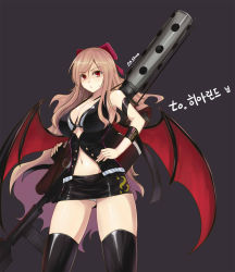 Rule 34 | 00s, 1girl, bad id, bad pixiv id, bat wings, black thighhighs, blonde hair, bow, breasts, buckle, buttons, cleavage, dungeon and fighter, female gunner (dungeon and fighter), flamethrower, grey background, gunner (dungeon and fighter), hair bow, hand on own hip, highres, korean text, large breasts, launcher (dungeon and fighter), long hair, miniskirt, navel, panties, parted lips, red eyes, shaojiang, simple background, skirt, solo, thighhighs, underwear, weapon, white panties, wings