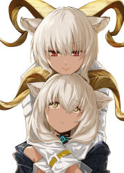 Rule 34 | 2girls, animal ears, arknights, bare shoulders, beeswax (arknights), blush, carnelian (arknights), closed mouth, collar, dark-skinned female, dark skin, eye contact, goat ears, goat girl, goat horns, highres, horns, hug, hug from behind, infection monitor (arknights), long hair, long sleeves, looking at another, looking down, looking up, multiple girls, off shoulder, red eyes, shirt, siblings, silver hair, simple background, sisters, smile, upper body, white background, white shirt, yellow eyes, zenohori