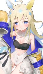 Rule 34 | 1girl, absurdres, ahoge, animal ears, bandeau, bare shoulders, black bandeau, blonde hair, blue eyes, blue hair, blush, breasts, bright pupils, cleavage, commentary, cowboy shot, diamond hair ornament, ear covers, highres, horse ears, horse girl, jacket, long hair, looking at viewer, multicolored hair, navel, neo universe (umamusume), open clothes, open jacket, parted lips, quilted clothes, rubyaano (ducl323), single ear cover, sleeves past fingers, sleeves past wrists, small breasts, solo, two-tone hair, umamusume, white pupils