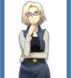 Rule 34 | 1girl, android 18, bespectacled, blonde hair, breasts, denim, denim skirt, dragon ball, dragonball z, earrings, frown, glasses, hand on own chin, jewelry, medium breasts, purple eyes, ricci escutin, short hair, skirt, solo, vest