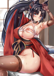 Rule 34 | 1girl, absurdres, armpits, ass, asymmetrical gloves, azur lane, black hair, blue eyes, breasts, brown thighhighs, covered erect nipples, gloves, hadanugi dousa, highres, indoors, japanese clothes, kii (azur lane), kimono, large breasts, long hair, mismatched gloves, nipple slip, nipples, no panties, on bed, open clothes, open kimono, ponytail, red kimono, sarashi, sitting, skindentation, solo, sweat, thighhighs, thighs, uchida shou, very long hair