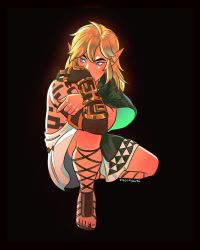 Rule 34 | 1boy, archaic set (zelda), black background, blonde hair, blue eyes, body markings, covering own mouth, full body, gladiator sandals, hair between eyes, highres, link, looking to the side, male focus, medium hair, mochiwei, nintendo, on one knee, pointy ears, sandals, sidelocks, solo, the legend of zelda, the legend of zelda: breath of the wild, the legend of zelda: tears of the kingdom, toga