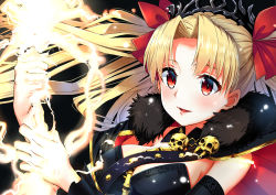 Rule 34 | 1girl, blonde hair, blush, breasts, commentary request, dousunnen, earrings, ereshkigal (fate), fate/grand order, fate (series), fur trim, hair ornament, hair ribbon, highres, jewelry, lightning, long hair, looking at viewer, medium breasts, open mouth, parted bangs, red eyes, ribbon, smile, solo, tiara, two side up