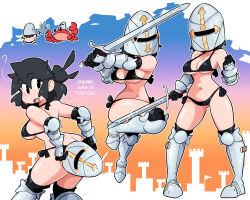 Rule 34 | armor, armored boots, ass, bikini, black bikini, black eyes, black hair, black nails, boots, breasts, butt crack, cleavage, crab, english text, gradient background, helmet, highres, holding, holding sword, holding weapon, lucia (scott malin), medium breasts, navel, original, outline, scott malin, swimsuit, sword, weapon, white outline