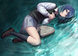 Rule 34 | 1girl, aqua eyes, aqua hair, black socks, black sweater, blue eyes, blue hair, brown footwear, collared shirt, commentary, crying, crying with eyes open, english commentary, full body, gradient eyes, gradient hair, grey skirt, highres, huuukky, kneehighs, kurokawa akane, long sleeves, looking at viewer, lying, medium hair, multicolored eyes, multicolored hair, on side, oshi no ko, own hands together, parted lips, partially submerged, school uniform, shirt, skirt, socks, solo, sweater, tears, water, white shirt