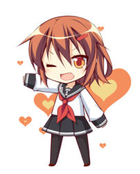 Rule 34 | 10s, 1girl, ;d, brown eyes, brown hair, chibi, fang, hair ornament, hairclip, heart, ikazuchi (kancolle), kantai collection, lowres, one eye closed, open mouth, outstretched arm, pantyhose, school uniform, serafuku, skirt, sleeves past wrists, smile, solo, teruui, wink