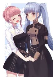 Rule 34 | 2girls, alternate hairstyle, ascot, belt, blue background, blue hair, blunt bangs, blush, braid, breasts, brown eyes, buttons, commentary, crown braid, english commentary, fang, female focus, fire emblem, fire emblem: three houses, floral background, garreg mach monastery uniform, hairstyle switch, highres, hilda valentine goneril, holding hands, lilshironeko, long hair, marianne von edmund, matching hair/eyes, medium breasts, medium hair, multiple girls, nintendo, one eye closed, open mouth, pink eyes, pink hair, sidelocks, smile, solo, teeth, twintails, wink