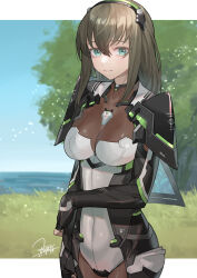 Rule 34 | 1girl, absurdres, bodysuit, breasts, brown hair, cleavage, fingerless gloves, gloves, green eyes, highres, large breasts, long hair, looking at viewer, manon (pso2), nao (syn eaa), phantasy star, phantasy star online 2, see-through, see-through cleavage, solo, tree, white background