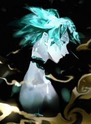 Rule 34 | 1other, androgynous, aqua eyes, aqua hair, black background, blurry, crystal hair, depth of field, eyelashes, floating hair, from side, highres, houseki no kuni, looking away, momota ro5555, nude, other focus, phosphophyllite, portrait, profile, severed head, simple background, solo, sparkle