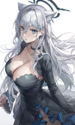 Rule 34 | 1girl, absurdres, aibek, animal ears, black choker, black dress, blue archive, blue eyes, breasts, choker, cleavage, collarbone, cross hair ornament, dress, extra ears, gradient background, grey background, hair between eyes, hair ornament, halo, highres, large breasts, long sleeves, looking at viewer, parted lips, shiroko (blue archive), shiroko terror (blue archive), solo, sweat, thighs, white hair, wolf ears