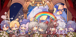 Rule 34 | 3boys, 5girls, ^ ^, acheron (honkai: star rail), aventurine (honkai: star rail), black gloves, black swan (honkai: star rail), blonde hair, blue hair, blush, book, brown hair, caelus (honkai: star rail), card, chandelier, chibi, chinese commentary, closed eyes, closed mouth, dr. ratio (honkai: star rail), drink, eyeliner, flower, food, fox mask, fur trim, gloves, grey hair, halo, hand on own chin, highres, holding, holding book, holding paintbrush, honkai: star rail, honkai (series), indoors, looking at viewer, makeup, mask, matches, multiple boys, multiple girls, official art, one eye closed, open mouth, paintbrush, parted hair, pectoral cleavage, pectorals, purple eyes, rainbow, reading, red eyeliner, robin (honkai: star rail), short hair, sparkle (honkai: star rail), stelle (honkai: star rail), trailblazer (honkai: star rail), twintails, white flower, white wings, wings, yellow eyes