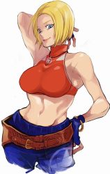 Rule 34 | 1girl, armpits, arms behind head, arms up, baggy pants, belt, belt skirt, blonde hair, blue eyes, blue mary, bob cut, breasts, closed mouth, crop top, fatal fury, fingerless gloves, from side, futabamidori, gloves, highres, jewelry, large breasts, linea alba, looking at viewer, loose belt, medium hair, midriff, navel, necklace, pants, red shirt, shirt, simple background, sleeveless, smile, solo, star (symbol), straight hair, the king of fighters, the king of fighters xv, turtleneck, white background