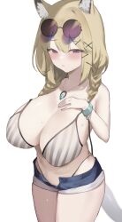 Rule 34 | 1girl, absurdres, animal ear fluff, animal ears, arknights, bikini, blonde hair, blush, braid, breasts, cleavage, cowboy shot, eyewear on head, hair ornament, hairclip, hand on own chest, highres, huge breasts, long hair, looking at viewer, official alternate costume, open clothes, open fly, open shorts, otsumami (02mami), parted lips, purple eyes, round eyewear, short shorts, shorts, solo, striped bikini, striped clothes, sunglasses, sweat, swimsuit, tail, twin braids, untied bikini, utage (arknights), utage (summer flowers) (arknights), vertical-striped bikini, vertical-striped clothes, x hair ornament