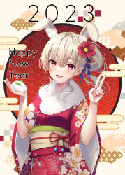 Rule 34 | 1girl, 2023, animal ears, blonde hair, blush, breasts, egasumi, flower, hair flower, hair ornament, happy new year, highres, japanese clothes, kimono, large breasts, looking at viewer, nail polish, nengajou, new year, open mouth, original, primamiya, rabbit ears, rabbit girl, red eyes, red kimono, red nails, short sleeves, smile, solo, v