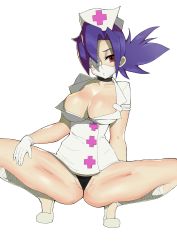 Rule 34 | + +, 1girl, absurdres, blue hair, breasts, choker, cleavage, doublehero, eyepatch, gloves, groin tendon, hat, highres, large breasts, latex, latex gloves, leg wrap, mask, mouth mask, nurse cap, partially visible vulva, ponytail, red eyes, skullgirls, solo, squatting, surgical mask, thong, valentine (skullgirls), white background