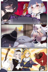 ^^^ absurdres azur_lane bad_food belfast_(azur_lane) black_coat black_hair blonde_hair breasts chain chi_an_(azur_lane) cleavage coat collar cooking_pot enterprise_(azur_lane) eye_mask gloves hat highres hood_(azur_lane) huan_ch&#039;ang_(azur_lane) large_breasts long_bangs maid maid_headdress metal_collar official_art parted_bangs peaked_cap red_eyes short_hair sirius_(azur_lane) sparkle sweatdrop union_jack white_gloves white_hair white_hat