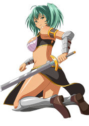 Rule 34 | 1girl, armor, ass, blush, boots, breasts, curvy, dark skin, dark-skinned female, female focus, green hair, ikkitousen, large breasts, long hair, looking at viewer, ryofu housen, smile, solo, sword, tagme, twintails, weapon