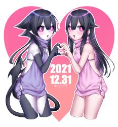 Rule 34 | 2girls, backless outfit, black hair, black sclera, black skin, bright pupils, colored sclera, colored skin, cowboy shot, demon girl, demon wings, gradient background, hair between eyes, hair ears, heart, heart background, heart hands, heart hands duo, lizard tail, long hair, looking at viewer, low wings, meme attire, monster girl, monsterification, multicolored skin, multiple girls, multiple tails, open mouth, original, pink background, pink eyes, pink sweater, pointy ears, purple sweater, rtsusk09, short hair with long locks, sweater, tail, turtleneck, turtleneck sweater, twitter username, two tails, virgin killer sweater, white pupils, white skin, wings
