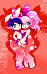 Rule 34 | 2girls, alternate hair color, artist name, ass, ass focus, blue eyes, blue hair, bodysuit, closed mouth, danganronpa: trigger happy havoc, danganronpa (series), ears, enoshima junko, eyebrows, female focus, fishnets, freckles, full body, gradient background, hairband, headband, high heels, hiraga na, holding hands, ikusaba mukuro, incest, japanese text, leotard, long hair, looking at viewer, medium hair, multiple girls, open mouth, pink bodysuit, pink bunny ears, pink footwear, pink hair, pink hairband, pink headband, pink headwear, playboy bunny, rabbit ears, rabbit tail, raised eyebrows, red background, siblings, signature, simple background, sisters, standing, teeth, twincest, twins, twintails, upper teeth only, wavy mouth, white bodysuit, white bunny ears, white footwear, white hairband, white headband, white headwear, yuri