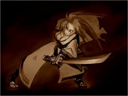 Rule 34 | 1girl, amputee, baiken, breasts, cleavage, fichinose yahiro, foreshortening, guilty gear, ichinose yahiro, japanese clothes, katana, kimono, long hair, one-eyed, sandals, scar, scar across eye, scar on face, sepia, solo, sword, weapon