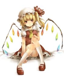 1girl blonde_hair blouse collared_shirt embodiment_of_scarlet_devil female_focus flandre_scarlet full_body hat highres mary_janes mob_cap panties pantyshot red_eyes rojiko shirt shoes side_ponytail socks solo touhou underwear white_background white_hat white_shirt white_socks wings