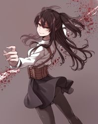 Rule 34 | 1girl, :&gt;, belt pouch, black hair, black pantyhose, black skirt, blood, blood splatter, brown background, closed mouth, commentary, feet out of frame, from behind, hair between eyes, highres, long hair, long sleeves, looking at viewer, looking back, nanaheibei 3, outstretched arms, pantyhose, pouch, shirt, short twintails, sidelocks, simple background, skirt, smile, solo, toaru kagaku no railgun, toaru majutsu no index, twintails, two side up, white shirt, yellow eyes, yumiya rakko