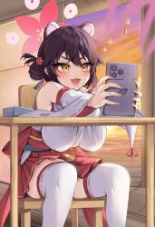 Rule 34 | 1girl, absurdres, animal ears, blue archive, breasts, brown hair, chair, desk, fluffyebi01, hair ornament, hamster ears, highres, holding, holding tablet pc, ipad, japanese clothes, kaede (blue archive), large breasts, miko, open mouth, sitting, solo, tablet pc, thighhighs, yellow eyes