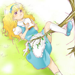 Rule 34 | 1boy, apron, blonde hair, blue bow, blue dress, blue eyes, blue footwear, blue hairband, blush, bow, branch, bread, bread slice, closed mouth, collared shirt, commentary request, crossdressing, dress, food, food on face, frilled apron, frills, grass, hair bow, hair spread out, hairband, hatta ayuko, holding, holding food, kneehighs, leaf, leg up, long hair, looking away, lying, male focus, on back, on grass, original, peter pan collar, puffy short sleeves, puffy sleeves, shirt, short sleeves, sleeveless, sleeveless dress, socks, solo, trap, white apron, white shirt, white socks