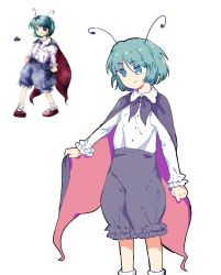 Rule 34 | 1girl, black bow, black bowtie, blue eyes, blue pants, bow, bowtie, bug, buttons, cloak, closed mouth, collared shirt, commeowdore, english text, flying, green eyes, green hair, grey cloak, hair between eyes, highres, juliet sleeves, long sleeves, looking to the side, pants, puffy sleeves, purple pants, red cloak, red footwear, shirt, shoes, short hair, simple background, smile, socks, solo, standing, touhou, white background, white shirt, white socks, wriggle nightbug, zun (artist)