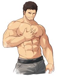 Rule 34 | 1boy, abs, bara, beard, belt, black belt, brown hair, chris redfield, come hither, contrapposto, cropped legs, facial hair, grey pants, hand on own chest, large pectorals, male focus, mature male, muscular, muscular male, navel, nipples, pants, pectoral press, pectorals, resident evil, resident evil 5, seductive smile, grabbing own breast, short hair, sideburns, smile, smirk, solo, stomach, stubble, topless male, zephleit