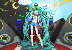 Rule 34 | 1girl, :d, absurdly long hair, aircraft, airplane, aqua eyes, aqua hair, artist name, bad id, bad pixiv id, bandeau, belt, blue shorts, blunt bangs, boots, bridal garter, cat, cloud, crescent moon, crown, detached collar, detached sleeves, full body, hatsune miku, head tilt, heart, jellytits-7, jet, knee boots, long hair, moon, open mouth, ornament, puffy short sleeves, puffy sleeves, salute, scepter, short sleeves, shorts, smile, solo, speaker, standing, sun, twintails, very long hair, vocaloid, white footwear