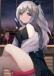 Rule 34 | 1girl, absurdres, black dress, black gloves, blue eyes, breasts, cellphone, city lights, cross, cross earrings, crossed legs, dress, earrings, feet out of frame, fishnet thighhighs, fishnets, girls&#039; frontline, gloves, grey hair, heterochromia, highres, holding, holding phone, jewelry, light smile, long hair, looking at viewer, mdr (cocktail observer) (girls&#039; frontline), mdr (girls&#039; frontline), medium breasts, multicolored hair, official alternate costume, open mouth, phone, pink eyes, ponytail, sideboob, single thighhigh, sitting, solo, streaked hair, thighhighs, thighs, window, yanwulazy