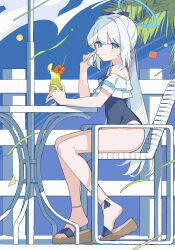 Rule 34 | 1girl, absurdres, ashuho, bare shoulders, blue archive, blue background, blue eyes, blue halo, blue one-piece swimsuit, blush, closed mouth, covered navel, eyelashes, feet, frilled one-piece swimsuit, frills, full body, grey hair, hair between eyes, halo, hand up, highres, holding, legs, looking at viewer, miyako (blue archive), miyako (swimsuit) (blue archive), off-shoulder one-piece swimsuit, off shoulder, one-piece swimsuit, outdoors, palm tree, sandals, shadow, shoe dangle, sitting, solo, swept bangs, swimsuit, table, thighs, toes, tree, two-tone one-piece swimsuit