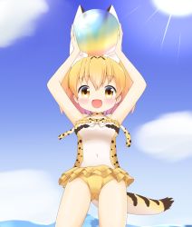 Rule 34 | 10s, 1girl, :d, adapted costume, animal ears, arms up, ball, bare arms, bare shoulders, beachball, blonde hair, blue sky, blush, breasts, casual one-piece swimsuit, cloud, covered navel, cowboy shot, day, extra ears, highres, holding, holding ball, kemono friends, looking at viewer, medium breasts, ocean, one-piece swimsuit, open mouth, outdoors, serval (kemono friends), serval print, serval tail, shin01571, sky, smile, solo, standing, sun, sunlight, swimsuit, tail, transparent
