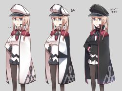 Rule 34 | 10s, 3girls, adapted costume, alternate color, black legwear, blue eyes, cape, commentary request, graf zeppelin (kancolle), hat, ido (teketeke), kantai collection, light brown hair, multiple girls, multiple persona, pantyhose, peaked cap, player 2, pleated skirt, skirt, translation request, twintails