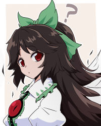 Rule 34 | 1girl, ?, bow, frills, green bow, grey background, hair bow, long hair, looking at viewer, puffy sleeves, red eyes, reiuji utsuho, shio (futatsumami), simple background, solo, third eye, touhou, upper body, white background