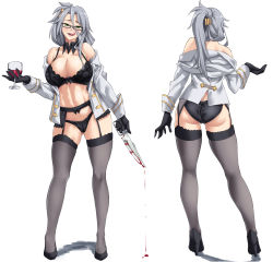 Rule 34 | 1girl, back, barefoot, black bra, blood, bra, breasts, celenike icecolle yggdmillennia, cleavage, cup, drinking glass, fate/apocrypha, fate (series), glass, glasses, green eyes, grey hair, grey thighhighs, hair between eyes, hairband, highres, holding, holding cup, holding weapon, kinntarou, knife, large breasts, long hair, looking at viewer, looking back, open mouth, ponytail, simple background, smile, solo, standing, thighhighs, tongue, tongue out, underboob, underwear, weapon, white background, wine glass
