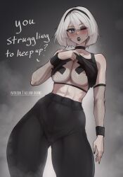 Rule 34 | 1girl, 2b (nier:automata), aelion draws, areola slip, black lips, breasts, clothes lift, cross pasties, english text, fishnet sleeves, fishnet top, fishnets, goth fashion, highres, large breasts, nier:automata, nier (series), one eye closed, pants, pasties, shirt lift, short hair, thick thighs, thighs, wide hips, yoga pants