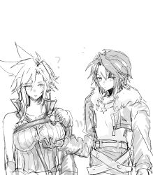 1boy 1girl ? armor belt breasts chain chain_necklace chest_strap cloud_strife cropped_jacket earrings final_fantasy final_fantasy_vii final_fantasy_vii_advent_children final_fantasy_viii fur-trimmed_jacket fur_trim genderswap genderswap_(mtf) gloves grabbing_another&#039;s_breast groping high_collar jacket jewelry large_breasts multiple_belts necklace open_collar pauldrons popped_collar scar scar_on_face scar_on_forehead shen_0012 short_hair shoulder_armor shoulder_strap single_earring single_pauldron single_shoulder_pad sketch spiked_hair squall_leonhart white_background white_fur