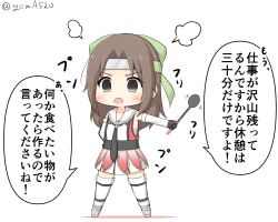 Rule 34 | 1girl, black neckerchief, brown eyes, brown hair, chibi, commentary request, elbow gloves, forehead protector, full body, gloves, goma (yoku yatta hou jane), hachimaki, hair intakes, half updo, headband, jintsuu (kancolle), jintsuu kai ni (kancolle), kantai collection, ladle, long hair, neckerchief, one-hour drawing challenge, open mouth, ponytail, sailor collar, school uniform, serafuku, simple background, solo, standing, thighhighs, translation request, white background, white sailor collar