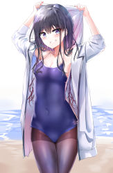 Rule 34 | 1girl, absurdres, adagaki aki, armpits, arms up, bare shoulders, beach, black hair, black pantyhose, blue eyes, blue one-piece swimsuit, blush, breasts, cleavage, collarbone, competition school swimsuit, covered navel, cowboy shot, grin, hair between eyes, highres, holding, holding towel, jacket, legs together, long hair, looking at viewer, masamune-kun no revenge, messy hair, ocean, off shoulder, one-piece swimsuit, outdoors, pantyhose, pantyhose under swimsuit, pocket, school swimsuit, sidelocks, small breasts, smile, solo, standing, sunhyun, swimsuit, teeth, towel, water, white jacket