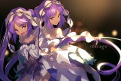 Rule 34 | 2girls, bare shoulders, blush, breasts, collarbone, dress, echo (circa), euryale (fate), euryale (lostroom outfit) (fate), fate/hollow ataraxia, fate (series), frilled hairband, frills, hairband, long hair, looking at viewer, multiple girls, open mouth, parted bangs, purple eyes, purple hair, siblings, sidelocks, sisters, small breasts, smile, stheno (fate), twintails, very long hair, white dress