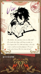 Rule 34 | 1boy, alchemy stars, animal, animal on shoulder, artist request, character signature, choker, closed mouth, coat, copyright notice, english text, gloves, greyscale with colored background, highres, official art, open clothes, open coat, pointy ears, postcard, short hair, solo, stamp mark, upper body, vic (alchemy stars)
