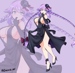 Rule 34 | 1girl, absurdres, bare shoulders, black dress, black footwear, blue eyes, blush, bow, braid, breasts, choujigen game neptune, cleavage, d-pad, d-pad hair ornament, dress, elbow gloves, finger to mouth, full body, gloves, hair ornament, high heels, highres, jarckius, large breasts, long hair, looking at viewer, neptune (neptunia), neptune (series), official alternate costume, power symbol, power symbol-shaped pupils, purple background, purple hair, purple heart (neptunia), purple heart (goddesses&#039; promise), ribbon, skirt hold, smile, solo, symbol-shaped pupils, twin braids, twitter username, very long hair, zoom layer