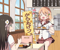 Rule 34 | 2girls, banner, black ribbon, blouse, blunt bangs, bowl, breasts, brown hair, buttons, chair, chopsticks, closed eyes, commentary request, counter, curry, curry rice, day, flower, fluorescent lamp, food, fried chicken, glass, gochuumon wa usagi desu ka?, green eyes, hair flower, hair ornament, hair ribbon, hairclip, happy, holding, holding chopsticks, holding tray, hoto cocoa, hoto cocoa&#039;s school uniform, indoors, light blush, long hair, looking at another, miniskirt, miso soup, mohei, motion lines, multiple girls, musical note, neck ribbon, open mouth, orange hair, pink ribbon, plaid, plaid sailor collar, plaid skirt, pleated skirt, red sailor collar, red skirt, refrigerator, ribbon, rice, sailor collar, school uniform, serafuku, shelf, shirt, short hair, short sleeves, sidelocks, sitting, skirt, small breasts, smile, soy sauce, standing, table, tray, ujimatsu chiya, wading, water, white flower, white shirt, window